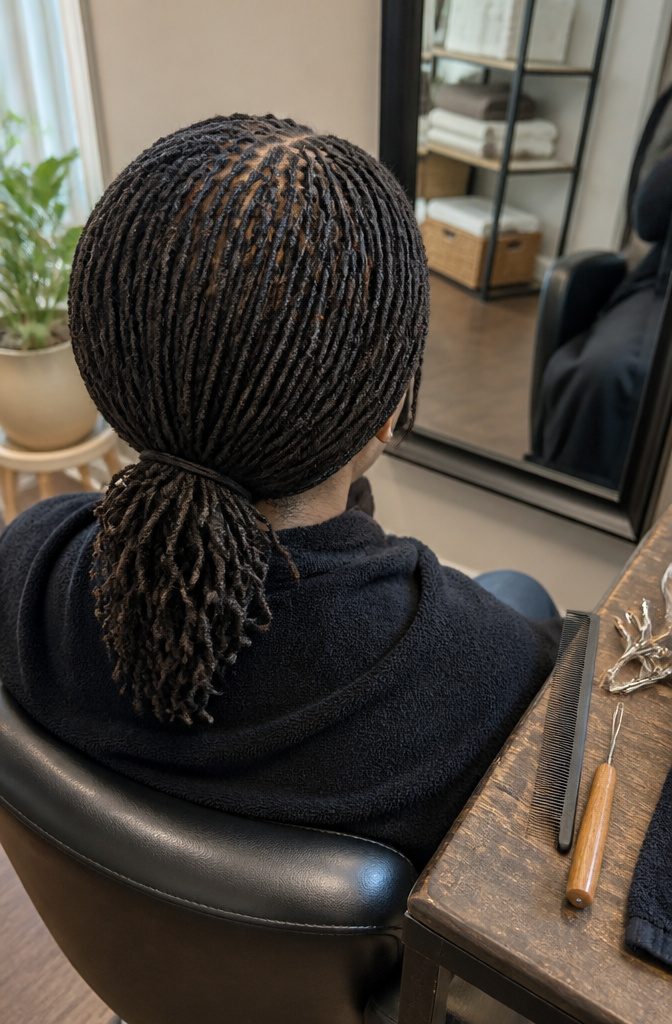 Small uniform interlocked strands covering the client’s head