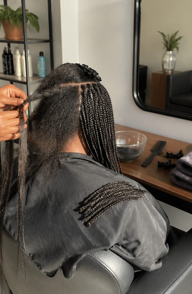 Stylist removing braids beside loosened natural hair