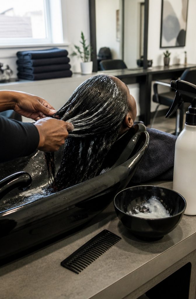Damp hair receiving deep conditioning at salon basin