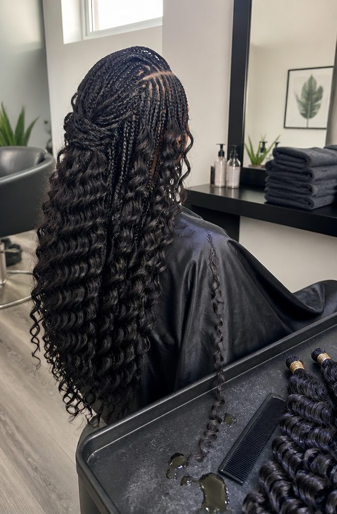 Long wavy braids with side part and half-up section