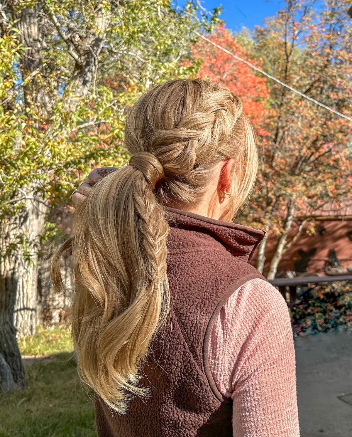Blonde braided ponytail gathered high at the back of a person's head