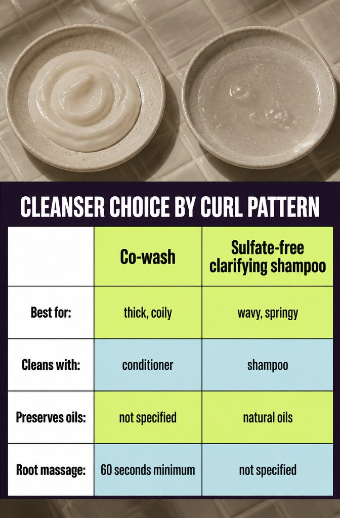 Cleanser choice chart comparing co-wash and shampoo for several curl patterns