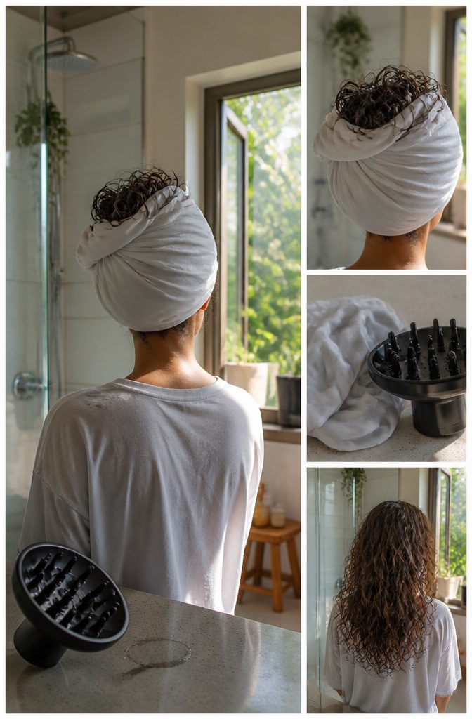 Curly hair wrapped in a cotton T-shirt for gentle drying