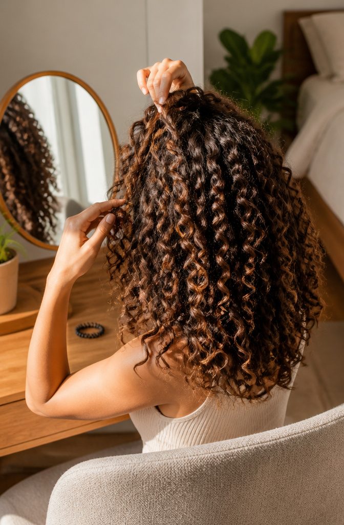 Dry curls being separated with fingers and lifted at the roots