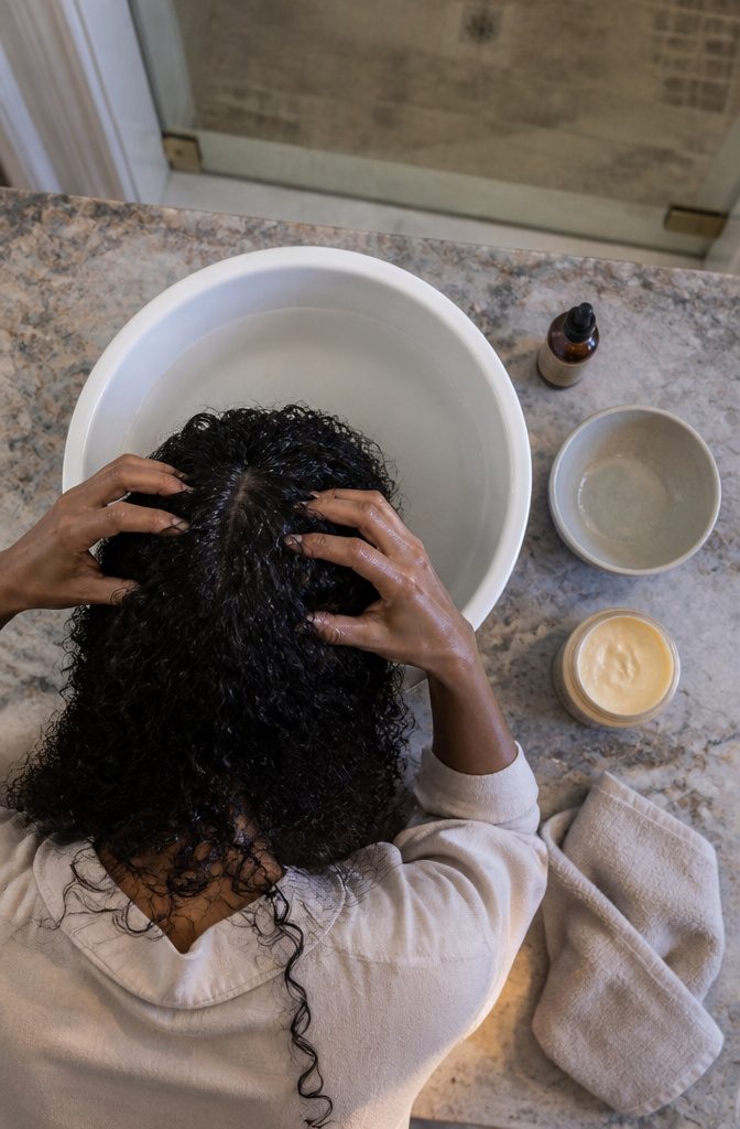 Hands massaging a curly-haired scalp beside moisture and protein products