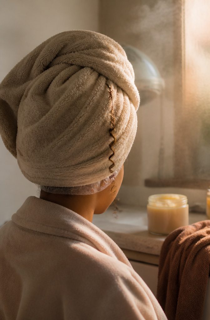 Damp hair wrapped in a warm towel during a conditioner and oil treatment
