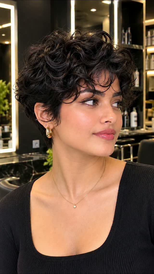 Woman with a short curly pixie cut framing her face in a salon