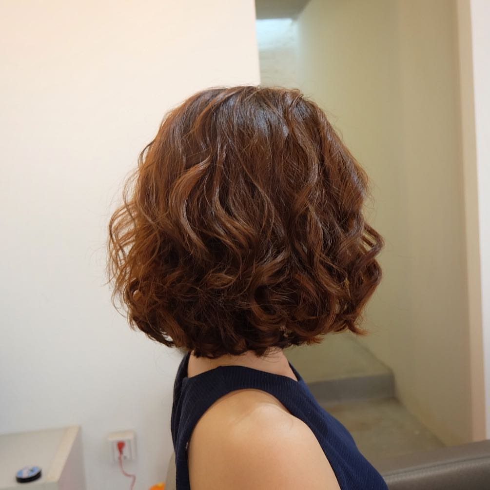 Rounded brown curly bob frames the back of a person's head