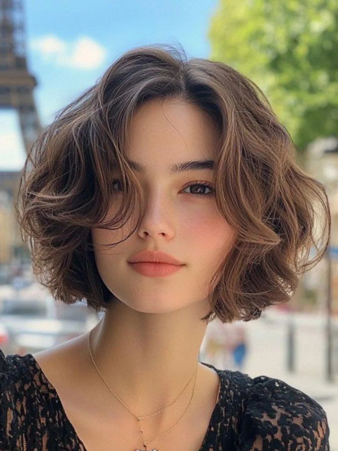 Young woman showing a jaw-length brown bob with soft natural waves