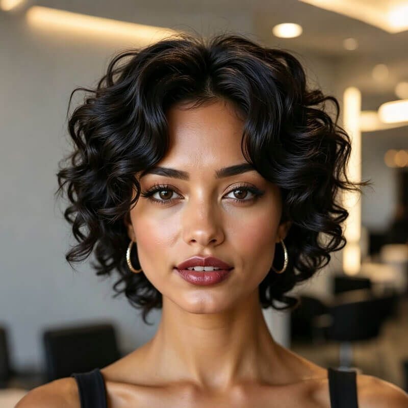 Woman with a voluminous dark curly bob framing her face