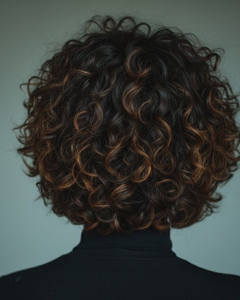 Short curly hairstyle with dark, defined ringlets and brown highlights