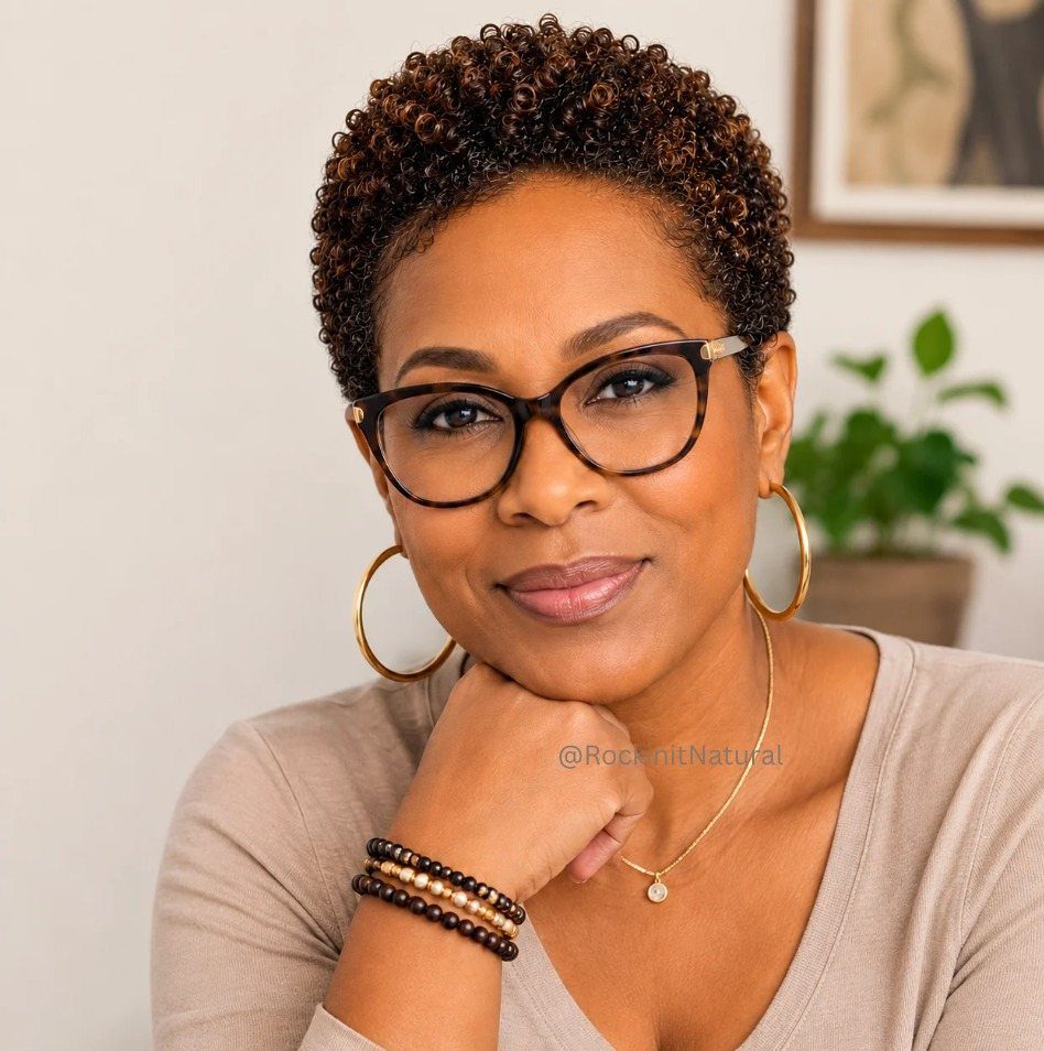 Woman posing with short, tightly coiled natural hair and black glasses