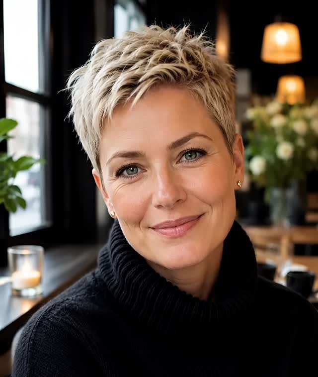 Woman with a wispy blonde textured pixie, longer tousled top and short sides