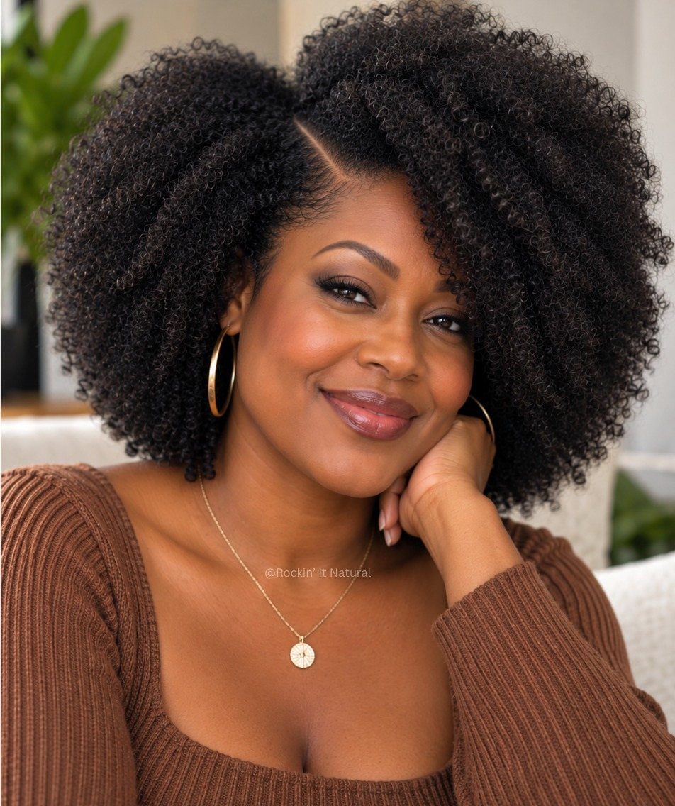 Woman wearing a voluminous natural afro with a deep side part