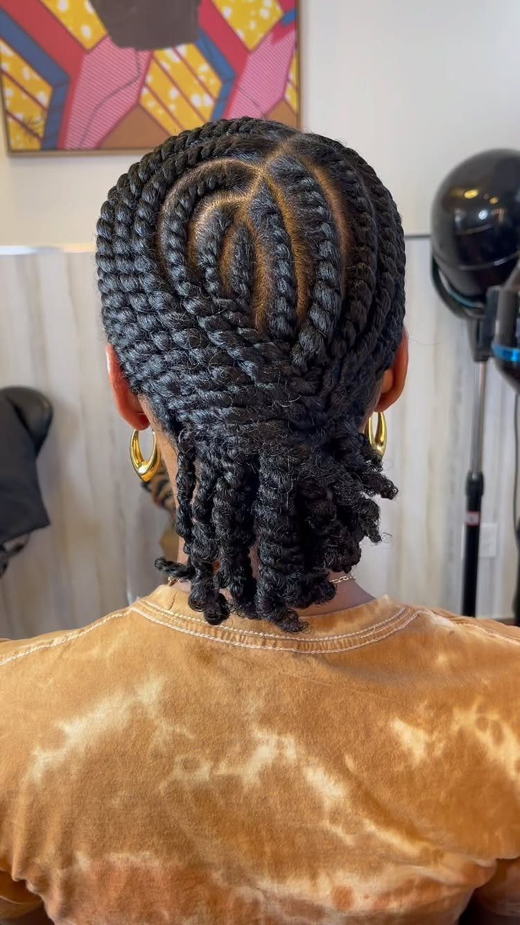 Flat twists curve across the scalp into a gathered low updo