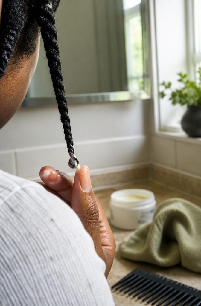 Two-strand twist ending in a small finger-coiled tip