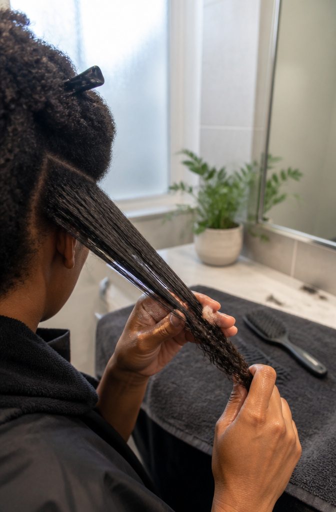 Natural hair being smoothed and detangled before twisting