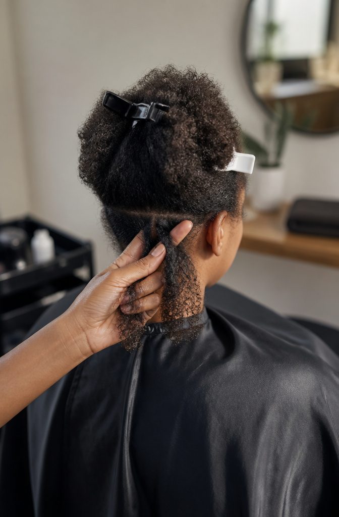 Natural hair section split into two matching pieces