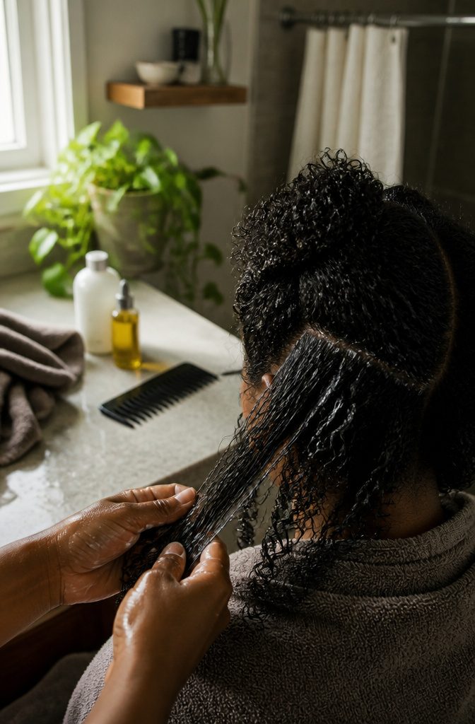 Natural hair prepared for two-strand twists