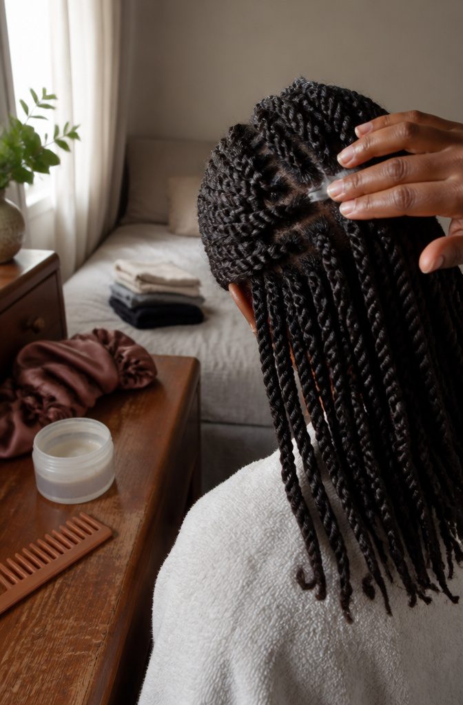 Natural hair in neat twists gathered back with ends visible