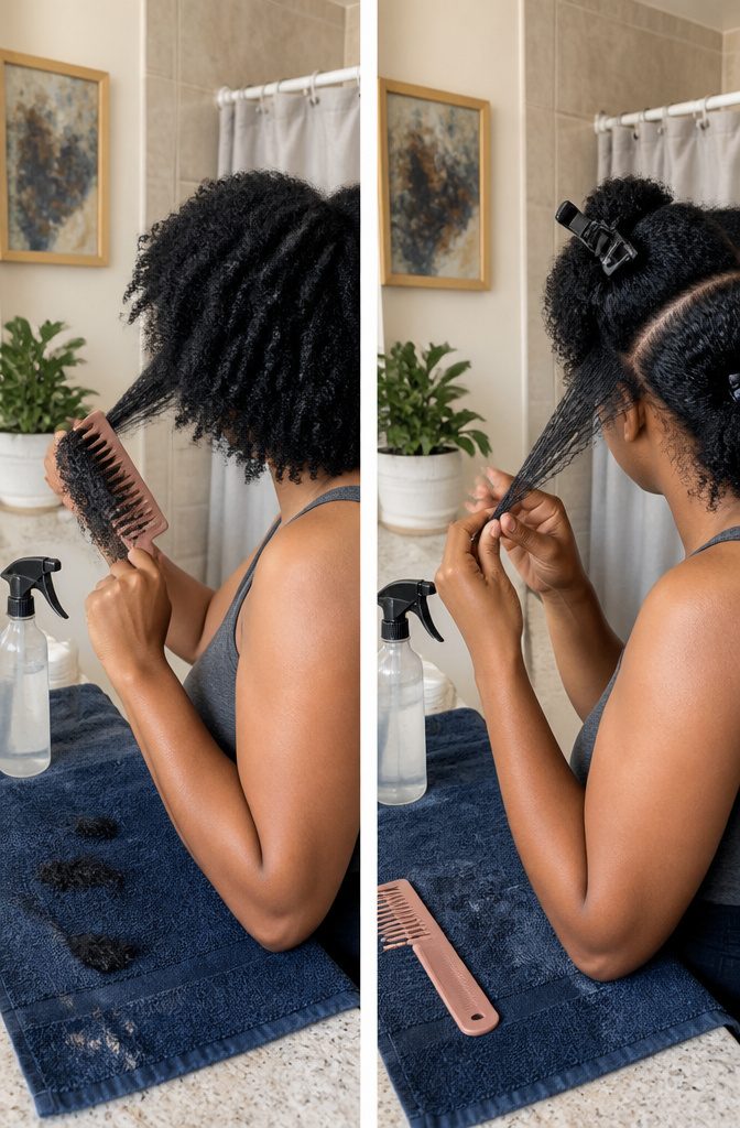Natural hair prepared at a damp stage for two-strand twists