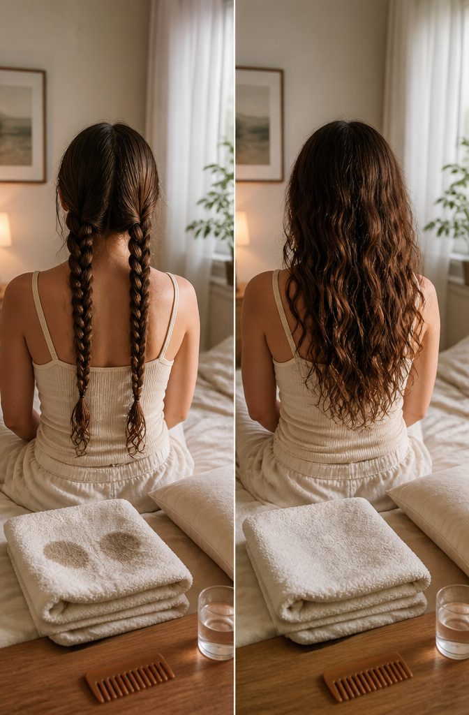 Two braids in damp hair prepared for overnight waves
