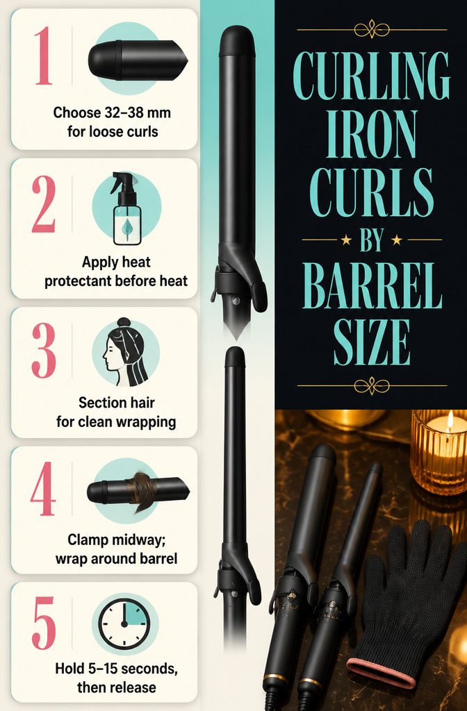 Curling iron barrels beside loose and tight finished curls