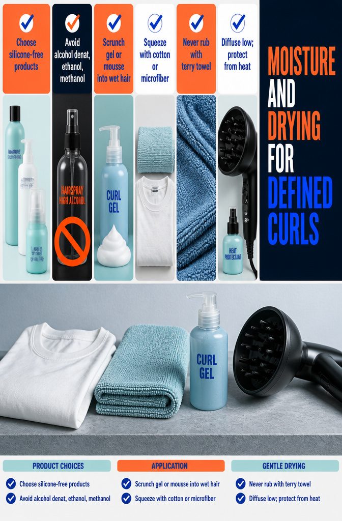 Curly hair drying with a microfiber towel and diffuser