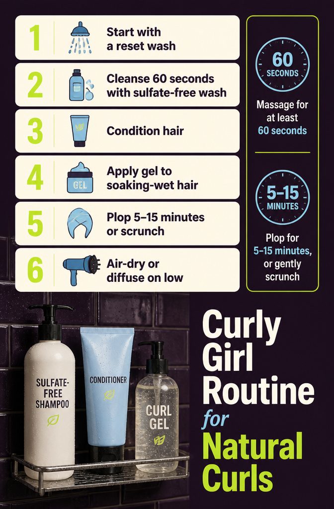 Curly hair styled with gel during a wash routine