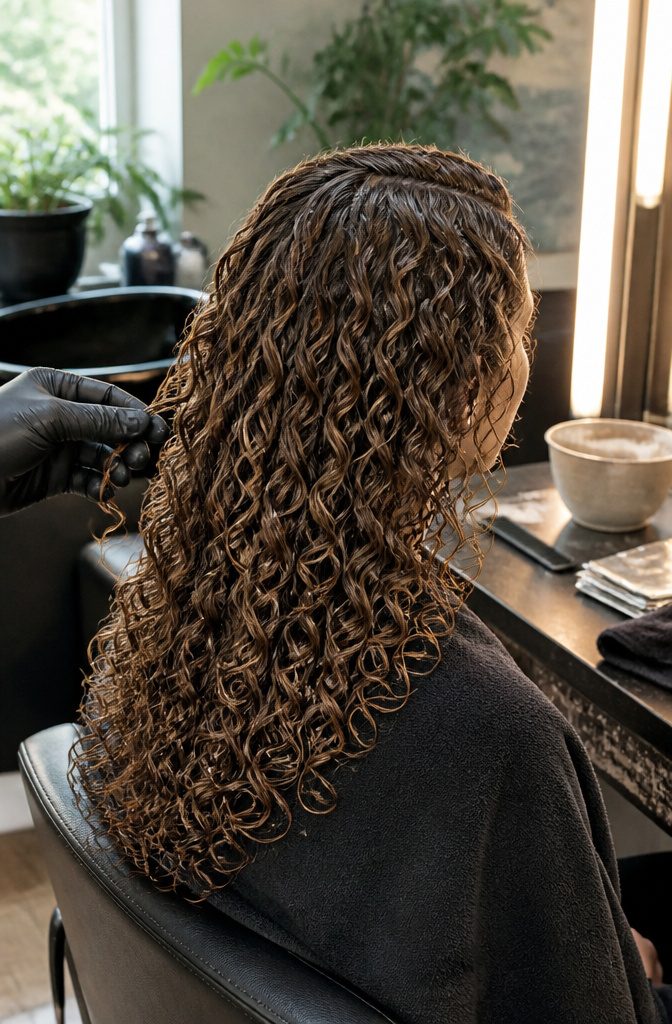 Permed curly hair showing straighter new growth near the roots