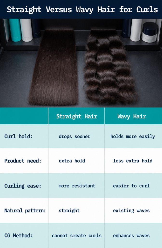 Straight hair beside wavy hair prepared for curling