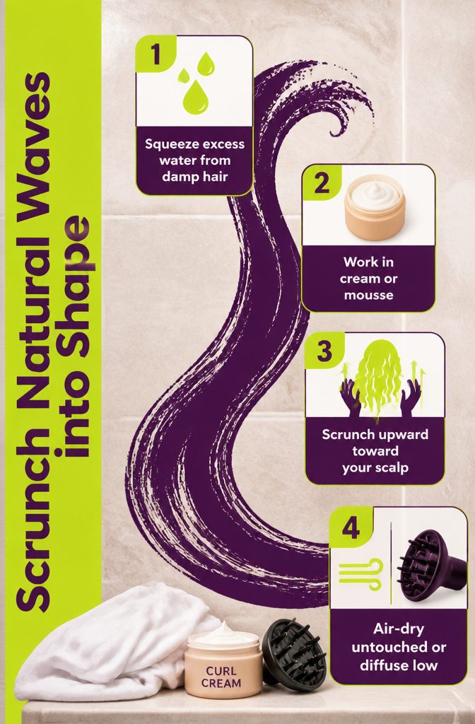 Hands scrunching damp wavy hair toward the scalp