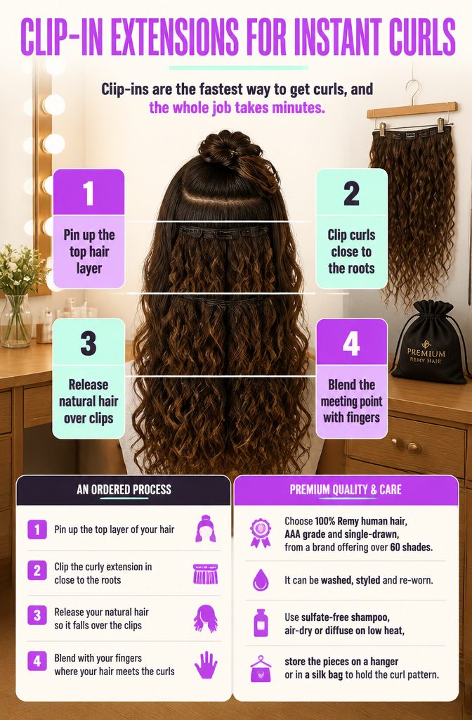 Curly clip-in hair extensions blended into natural hair