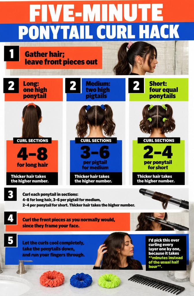 High ponytails sectioned for a quick curling routine