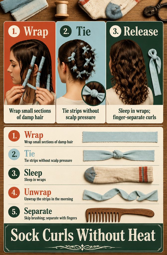 Damp hair wrapped around socks for overnight curls