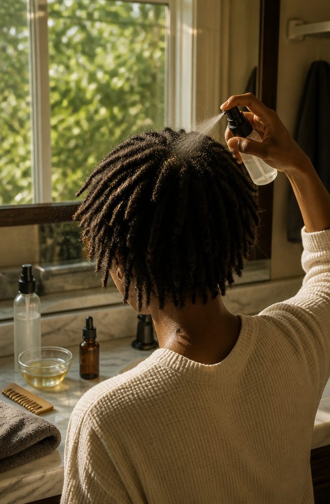Person refreshing locs between washes with a cleansing spray
