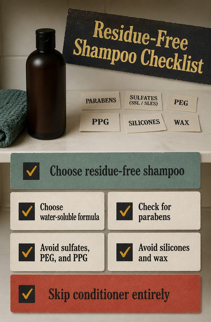 Residue-free shampoo checklist with ingredient guidance