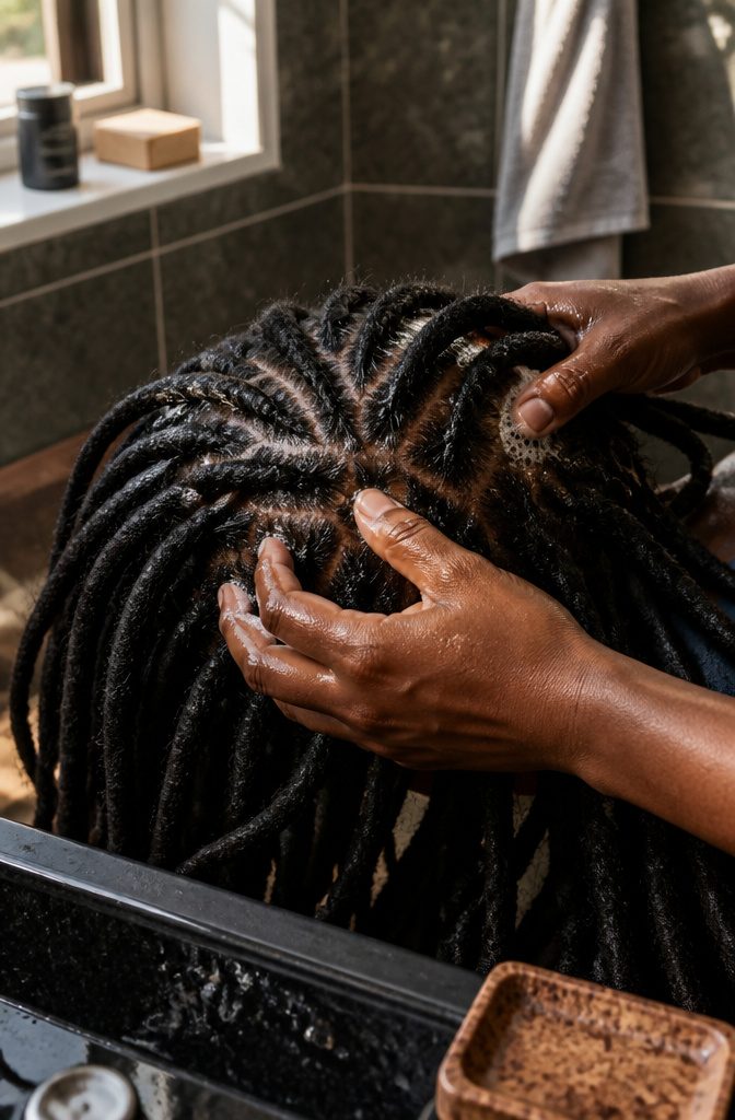Fingertips pressing gently between dark loc roots with a trace of foam