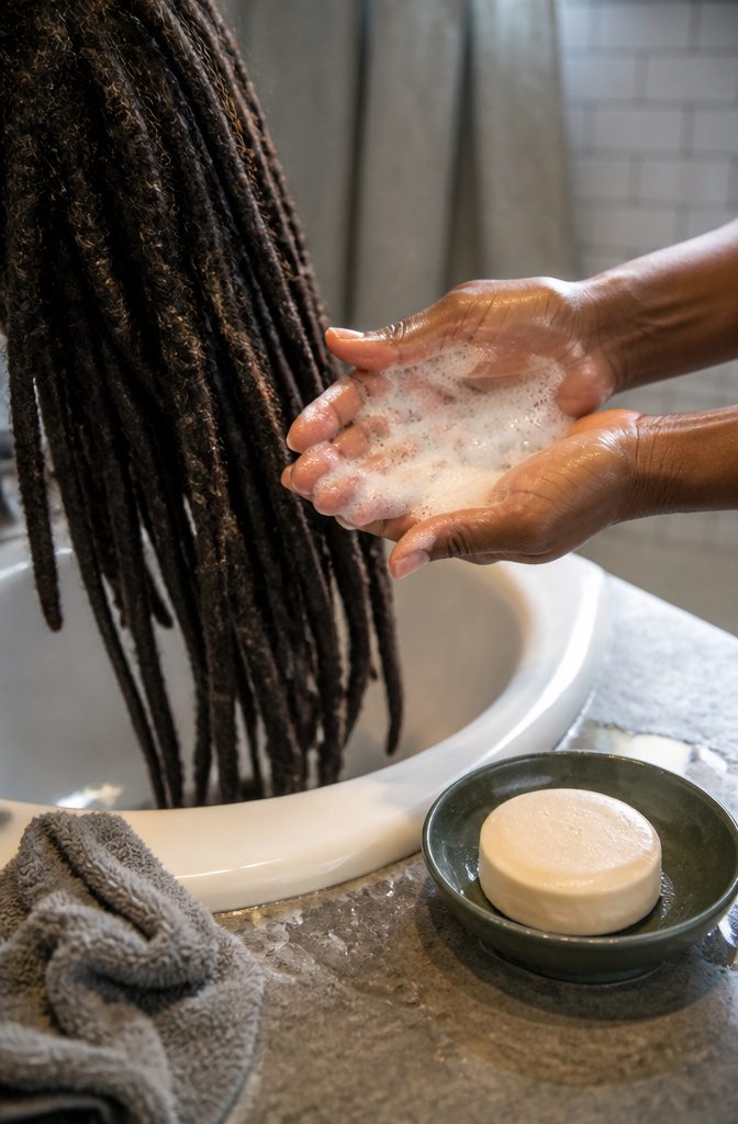Hands building shampoo foam before applying it to locs