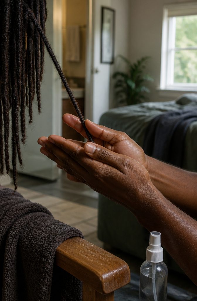 Hands palm rolling a damp loc with fine flyaways standing out