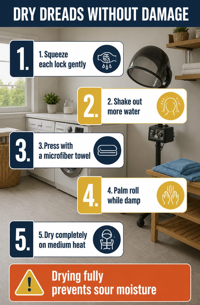 Drying guide with information about removing water from locs