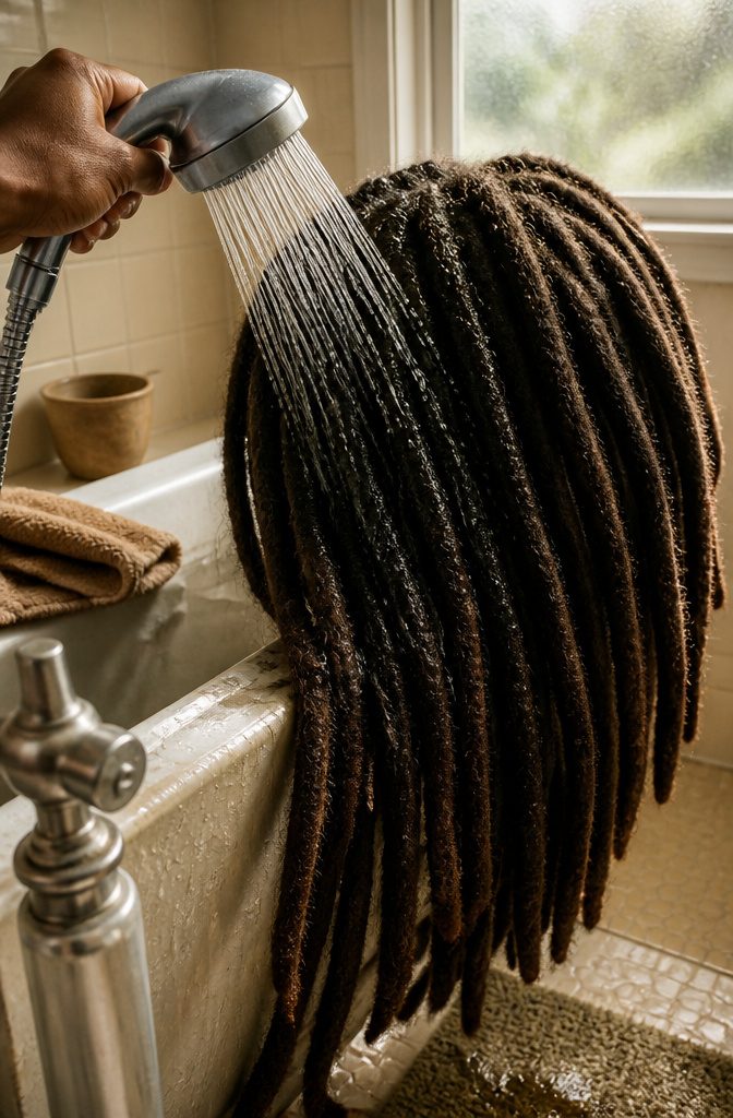 Long rope-like locs rinsed under a handheld shower stream