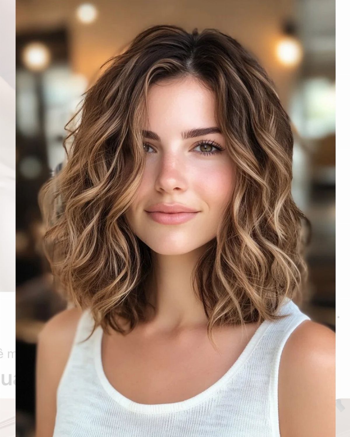 Woman showing shoulder-length layered curls with lighter highlights and a center part