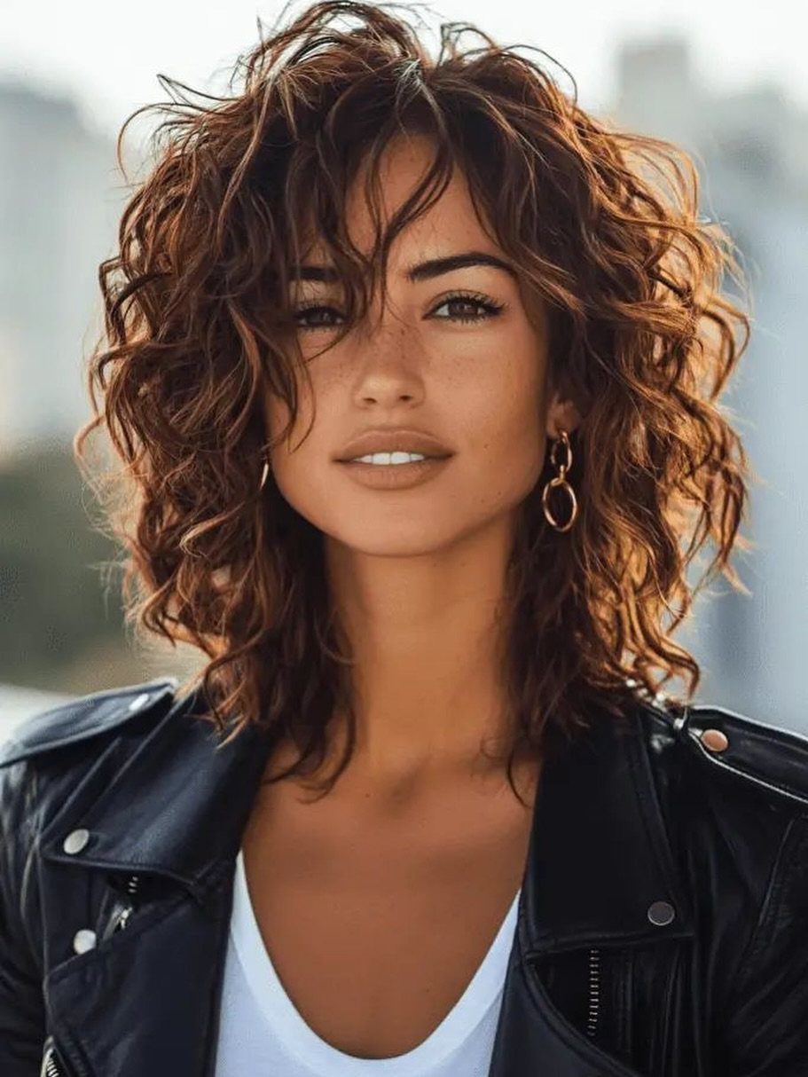 Woman with shoulder-length layered brown curls and bangs wearing a black leather jacket