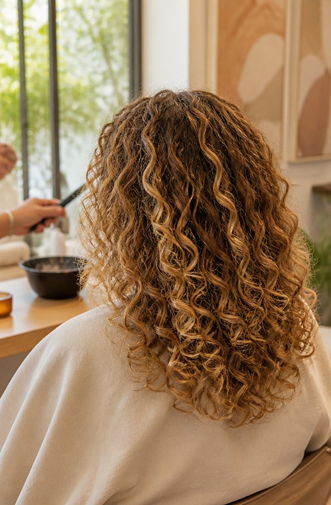 Light brown curls with honey blonde ribbons through the lengths and face frame