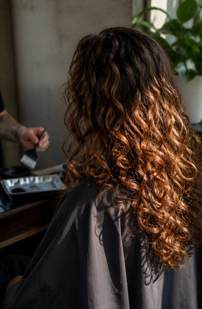 Light brown curls with rooted copper balayage on the surface and brown underneath