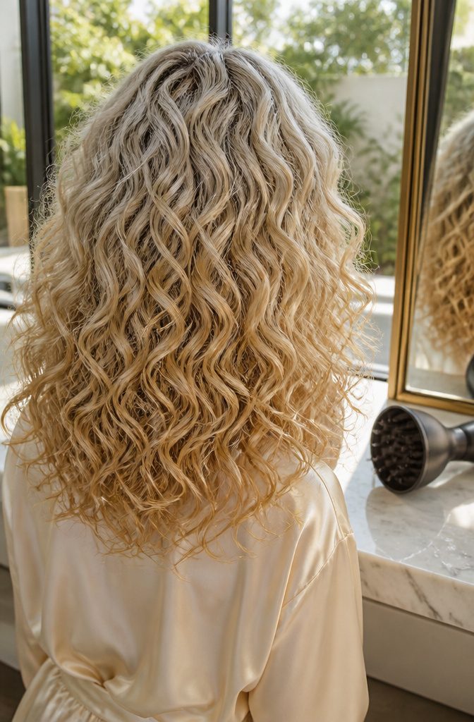Curly hair with cool grey roots and warm gold lengths