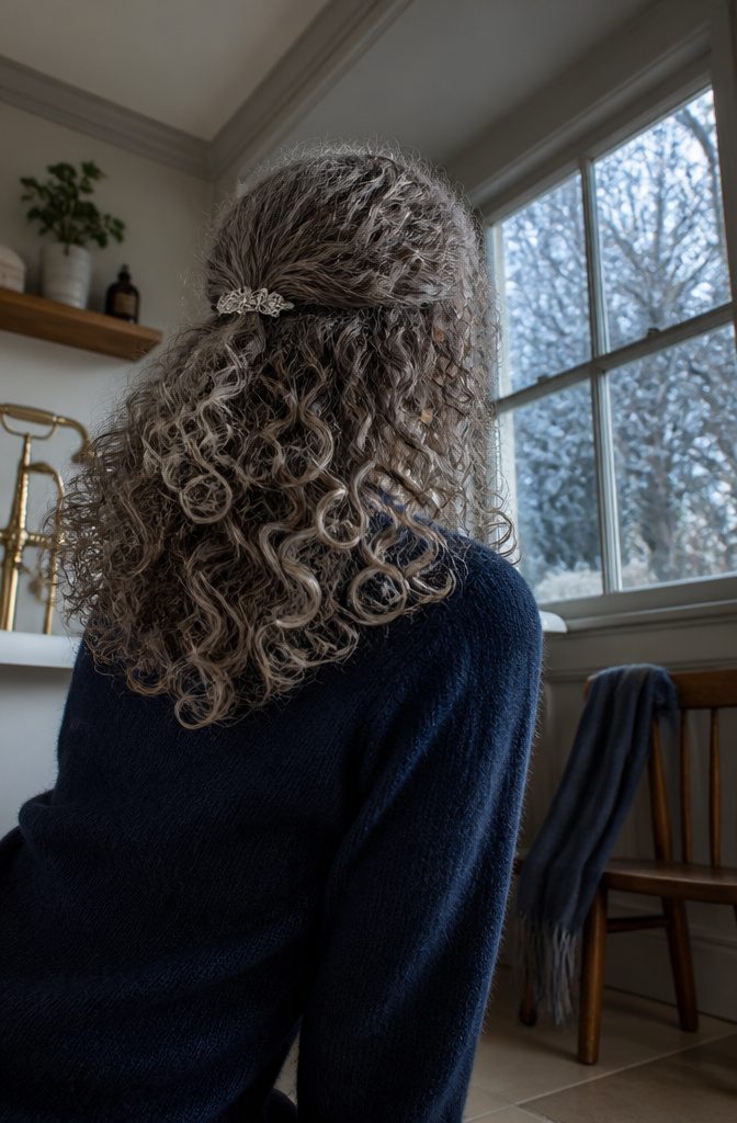 Curly hair with grey roots and white face-framing pieces and ends