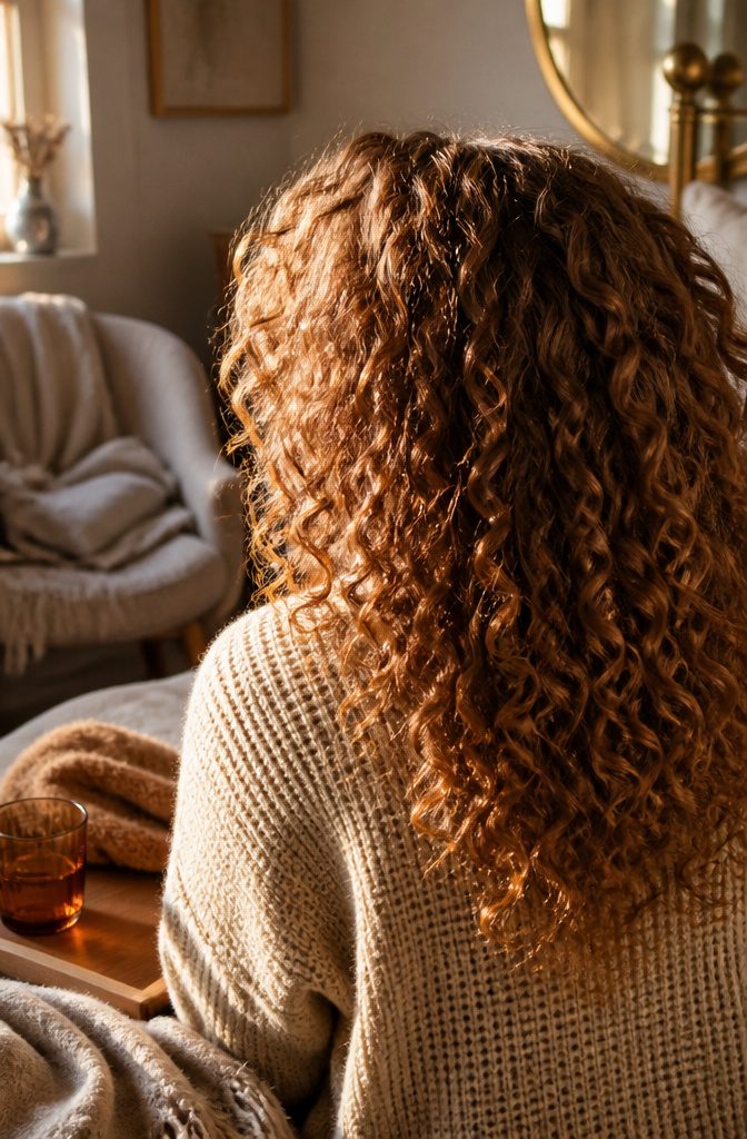 Light brown curls with honey and amber tones catching natural light