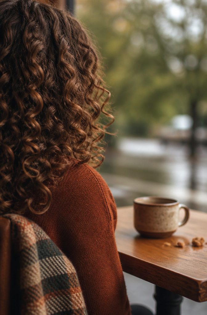 Nut-brown curls with blended warm and cool tones throughout